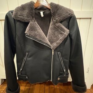 Mango Black Faux Shearling Asymmetric Zip Moto Biker Coat Jacket Small Gray Fur